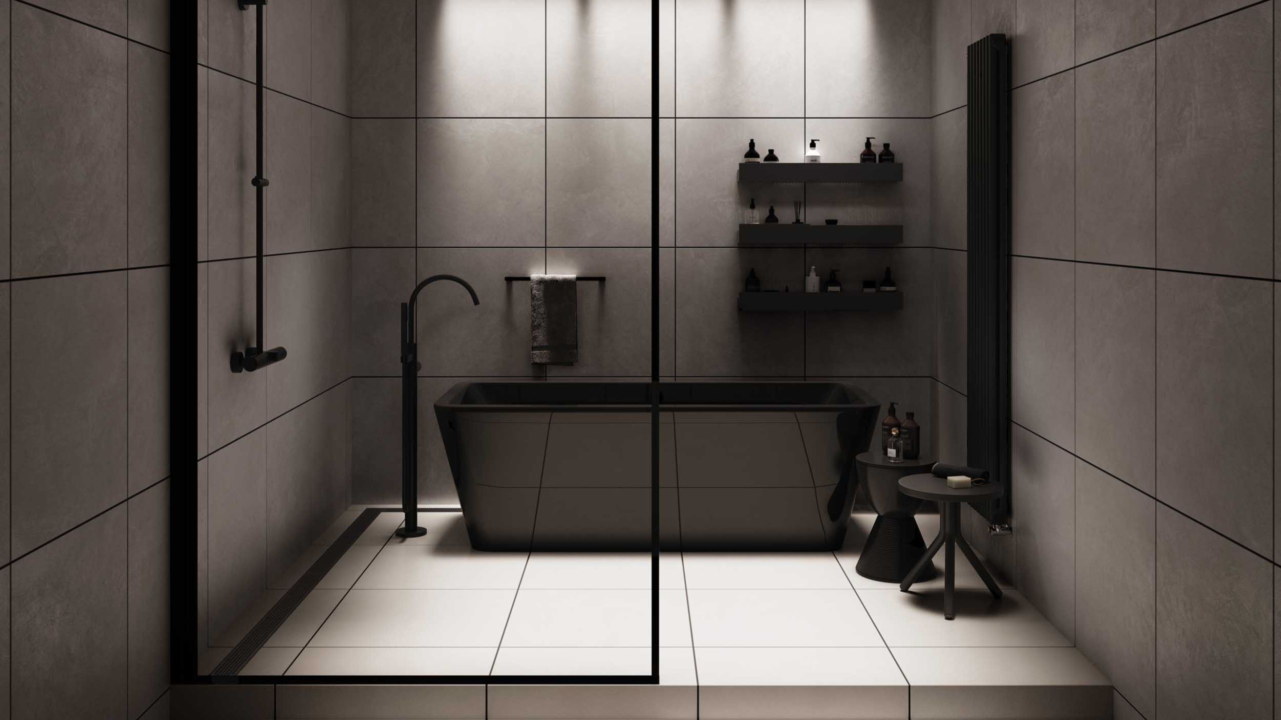  плитка с черной затиркой в ванной и на кухне в интерьере
